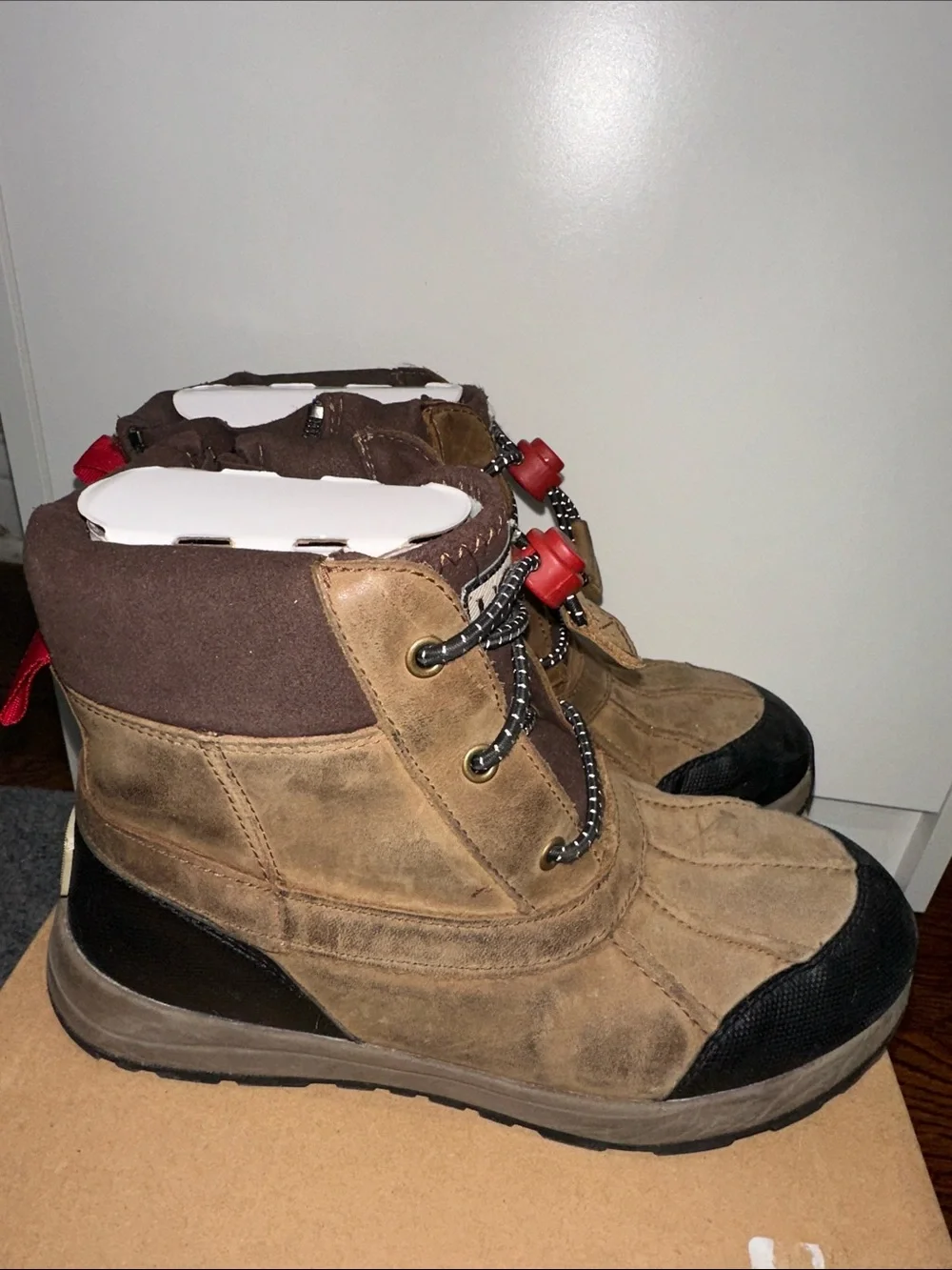 UGG Kids Brown and Black Winter Boots with Red Toggle